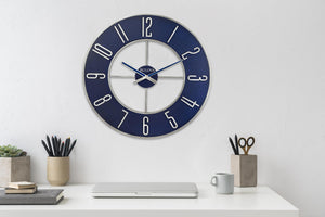 Large Round Analog Wall Clock – Silver & Blue, 27 Inch