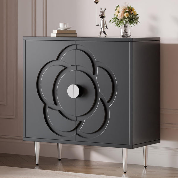 Wood Sideboard Buffet Cabinet with Decorative Flower Pattern Doors