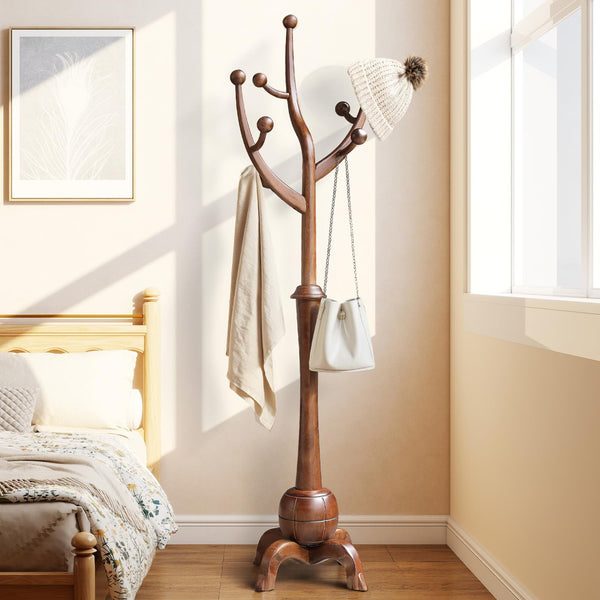 Wooden Coat Rack Freestanding with 8 Hooks