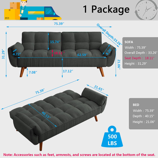 Futon Sofa Bed with Adjustable Split Backrest, Twin Size