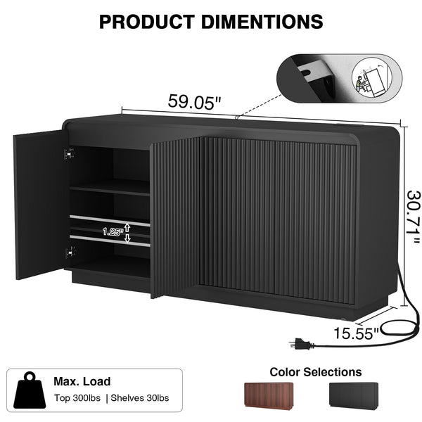 59" Fluted Sideboard Cabinet with Charging Station