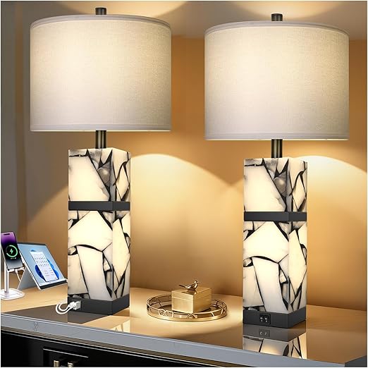 Cordless Alabaster Table Lamp with Rechargeable Battery