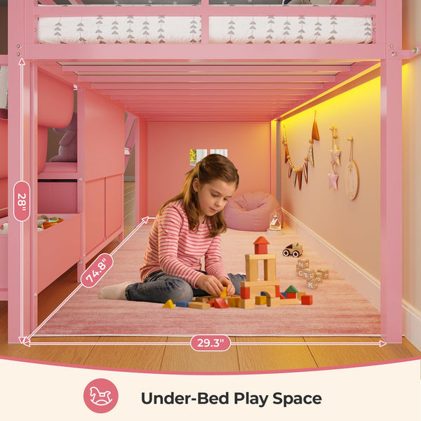 Kids Low Loft Bed Twin with Bookshelf & Reading Nook