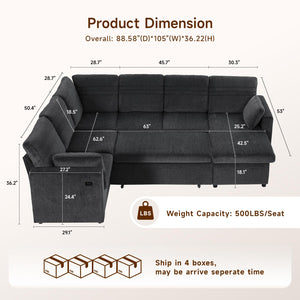 Modular Sectional Sleeper Sofa with Pull-Out Bed | 6-Seat U-Shaped Couch with Storage & USB Ports