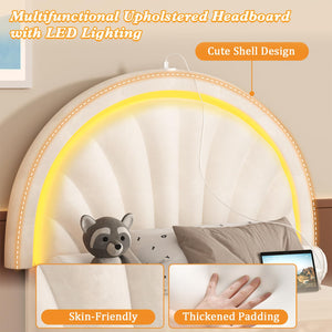 Twin Upholstered LED Bed Frame with Shell Headboard, Storage Drawer & Charging Station