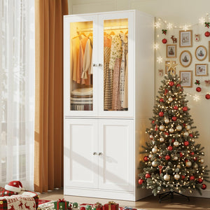 Wardrobe Closet with Glass Doors, LED Lighting & Drawers
