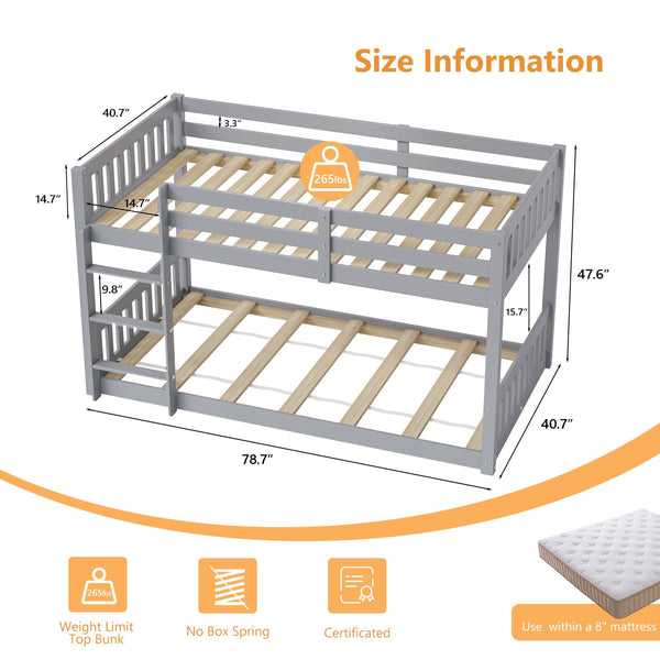 Low Twin Over Twin Bunk Bed with Guardrails & Ladder