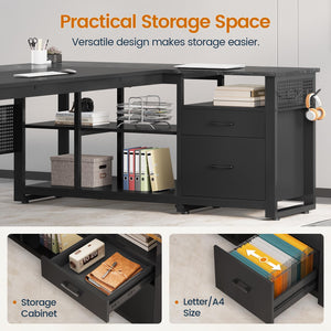 L-Shaped Executive Desk with Power Outlets, File Drawers & Storage