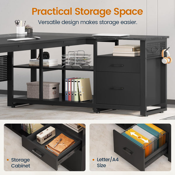 L-Shaped Executive Desk with Power Outlets, File Drawers & Storage