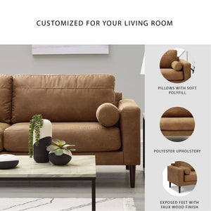 Faux Leather Sofa with Bolster Pillows & Wood Accent Legs, Dark Brown