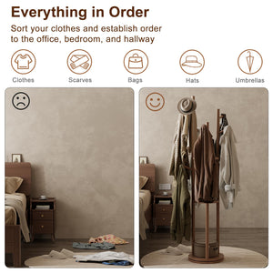 Rotating Wood Coat Rack with 3 Shelves and 9 Hooks