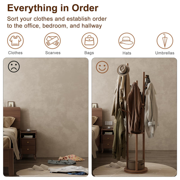 Rotating Wood Coat Rack with 3 Shelves and 9 Hooks