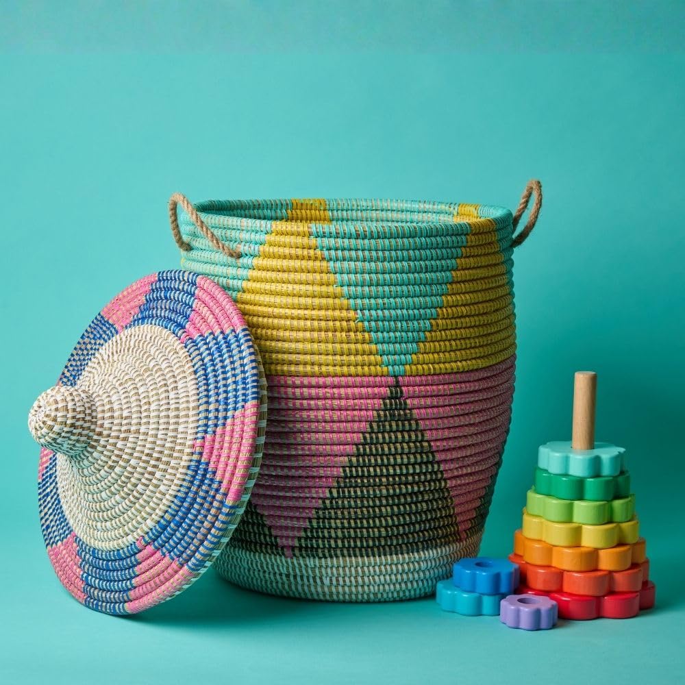 Colorful Wicker Basket with Hooded Lid & Rope Handles