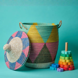 Colorful Wicker Basket with Hooded Lid & Rope Handles