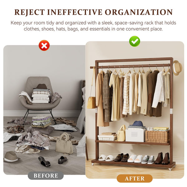 Solid Wood Freestanding Clothes Rack with Wheels