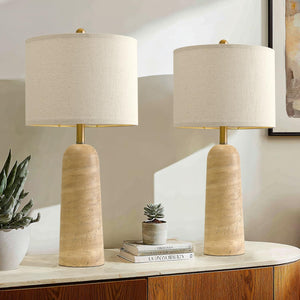 Travertine-Look Resin Table Lamp Set of 2 with Linen Shade