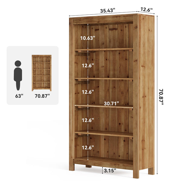 5-Tier Solid Wood Bookcase with Display Shelves