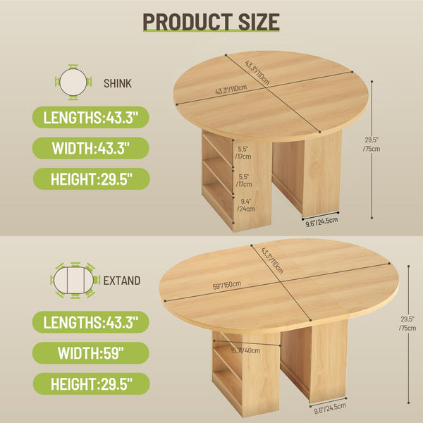 Extendable Dining Table with 3-Tier Storage Shelves & Pedestal Base