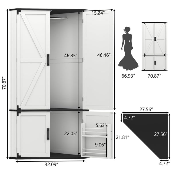 Corner Wardrobe Closet with Hanging Rod