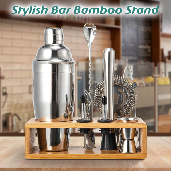 10-Piece Cocktail Shaker & Bar Tool Set with Bamboo Stand