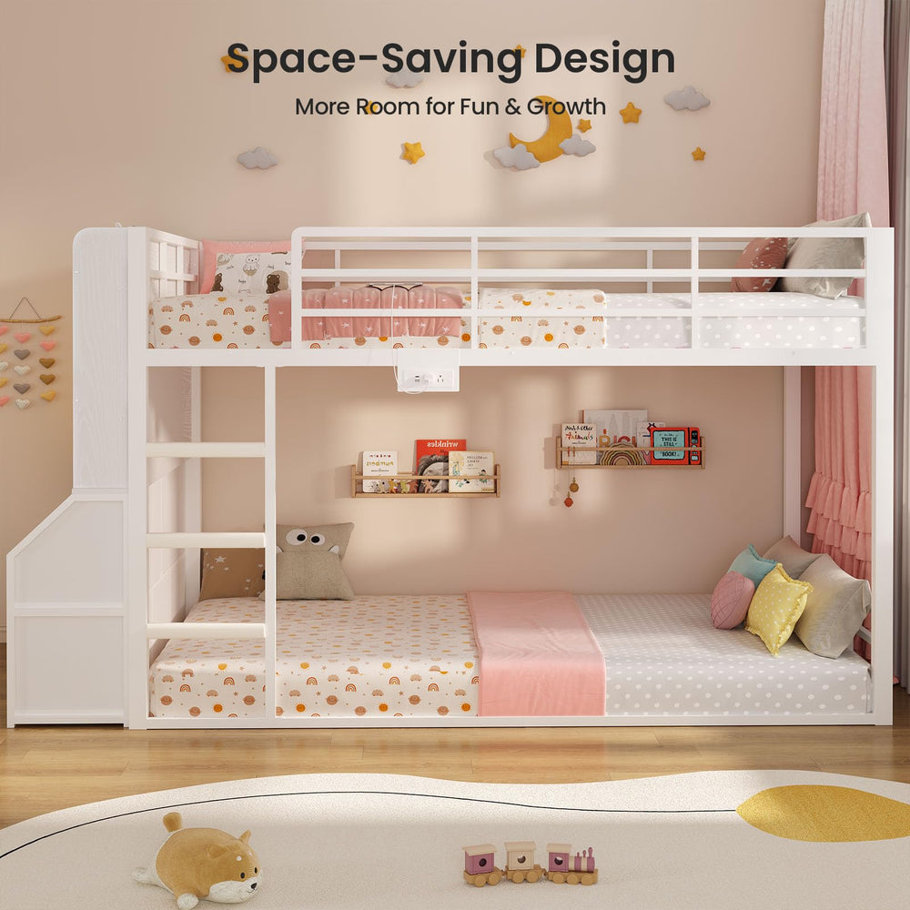Twin Over Twin Low Bunk Bed with Storage Drawers, Bookshelf and RGB Lights
