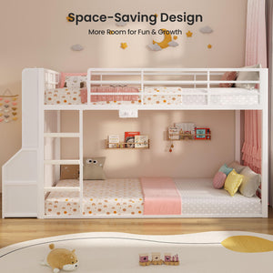 Twin Over Twin Low Bunk Bed with Storage Drawers, Bookshelf and RGB Lights