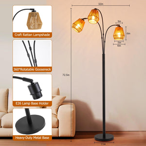 Arc Floor Lamp with Rattan Shades & Rotatable Arms