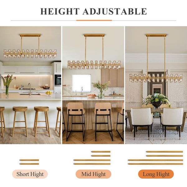 Gold K9 Crystal Rectangular Chandelier with Adjustable Height
