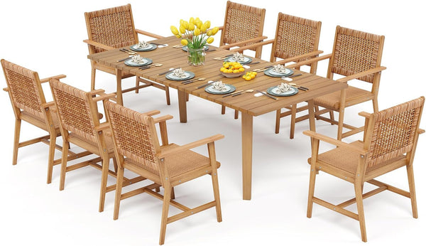 Acacia Wood Outdoor Dining Set with Wicker Chairs – Farmhouse Patio Table Set