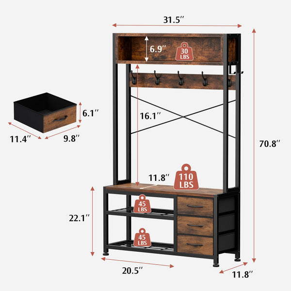 6-in-1 Hall Tree with Bench, 12 Hooks, 3 Drawers & Shoe Storage – 31.5"L x 11.8"W x 20.5"H