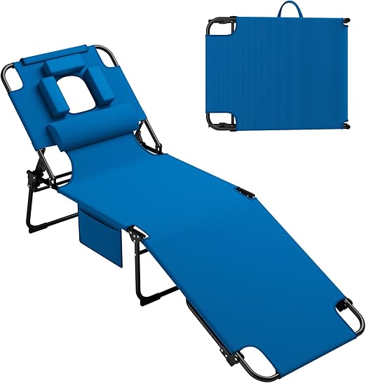 Folding Tanning Lounge Chair with Face Hole & Side Pockets – 400 lbs Capacity