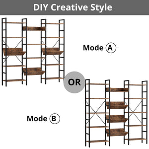 Triple Wide 5-Tier Industrial Bookshelf with Metal Frame