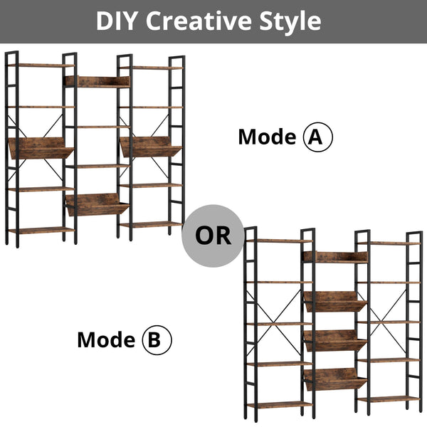Triple Wide 5-Tier Industrial Bookshelf with Metal Frame