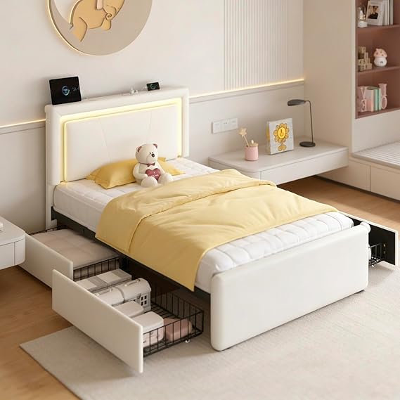 Upholstered Platform Bed Frame with LED Headboard, Storage Drawers & Charging Station