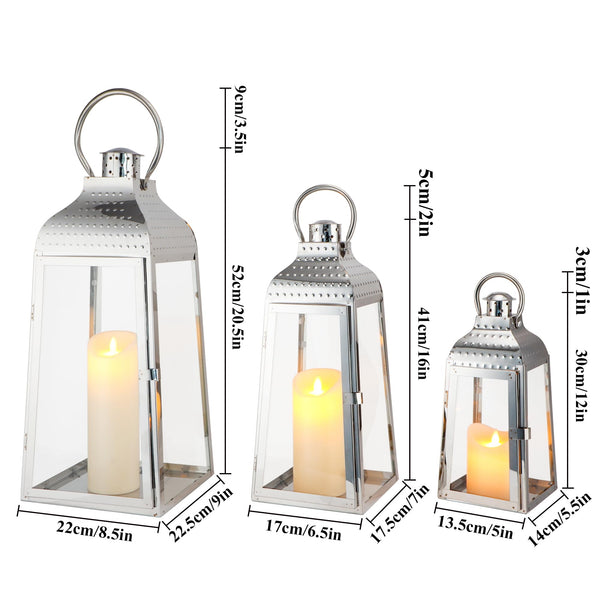 Silver Candle Lanterns Set of 3 – Stainless Steel & Tempered Glass