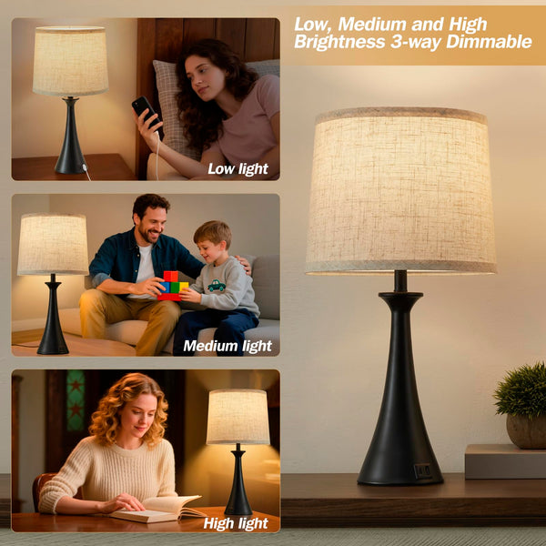 Touch Table Lamps Set of 2 – 21", USB C+A Ports, 3-Way Dimmable