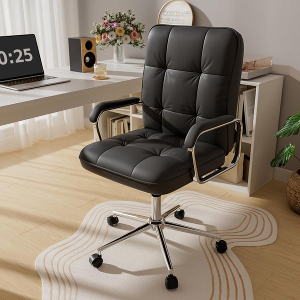 Mid-Back PU Leather Office Chair with Swivel & Padded Arms
