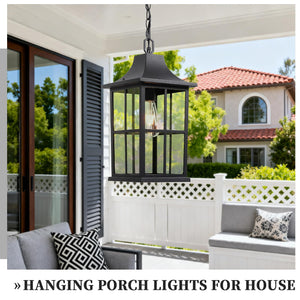 Large Outdoor Pendant Light Fixture – Black Modern Hanging Porch Lantern