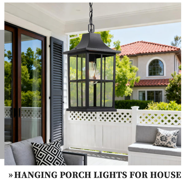 Large Outdoor Pendant Light Fixture – Black Modern Hanging Porch Lantern