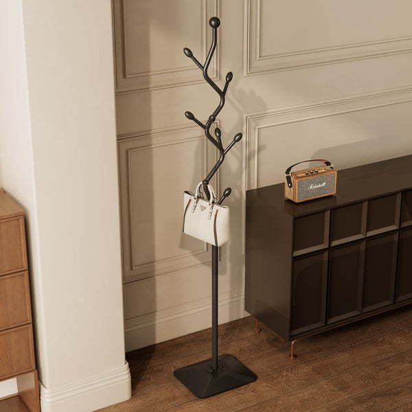 Tree-Shaped Metal Coat Rack Stand with 8 Hooks & Cast Iron Base