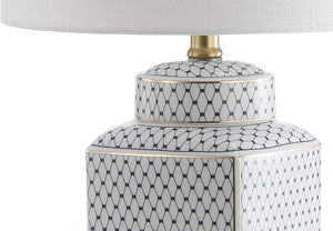 Ceramic Ginger Jar LED Table Lamp – Chinoiserie Fishnet Pattern, Linen Shade