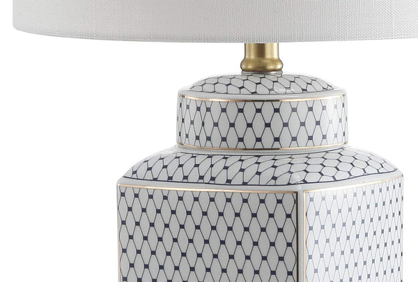 Ceramic Ginger Jar LED Table Lamp – Chinoiserie Fishnet Pattern, Linen Shade
