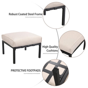 Outdoor Patio Ottoman with Cushion — Square Metal Footstool, Beige