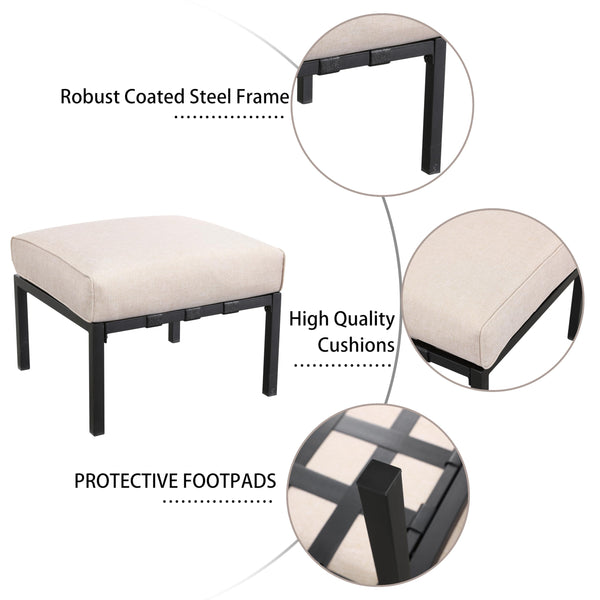 Outdoor Patio Ottoman with Cushion — Square Metal Footstool, Beige