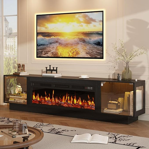 80" Fireplace TV Stand with RGB LED & Glass Doors