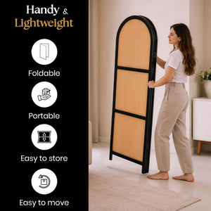 3-Panel Folding Room Divider | Wood & Rattan Privacy Screen