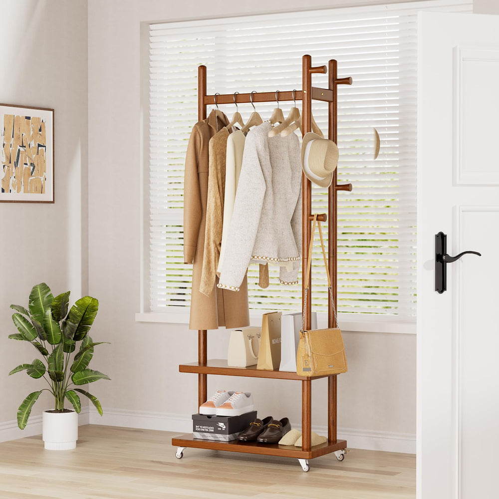Solid Wood Coat Rack with Wheels, Storage Shelves & Hooks
