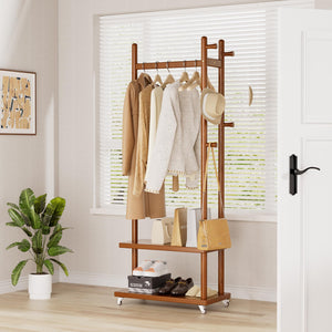 Solid Wood Coat Rack with Wheels, Storage Shelves & Hooks