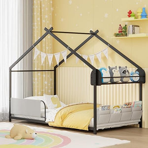 Kids House Bed Frame Twin Size with Storage Rack and Caddy