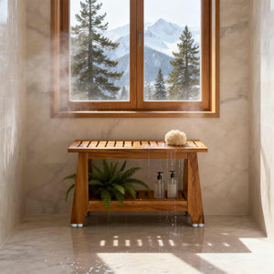 NNN 24" Commercial Teak Shower Bench - 8 Non-Slip Leveling Feet & 350 lbs Capacity | Rock-Solid Stability for Seniors & Spa Safety | Waterproof Design for Saunas/Outdoor Pools (Patented)